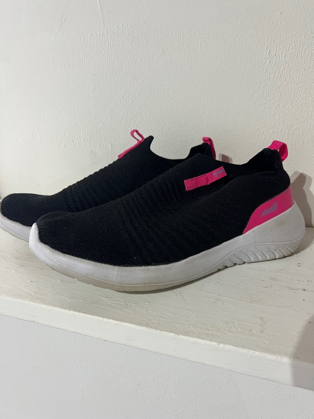 Avia Black Slip-On Knit Sneakers with Pink Accents